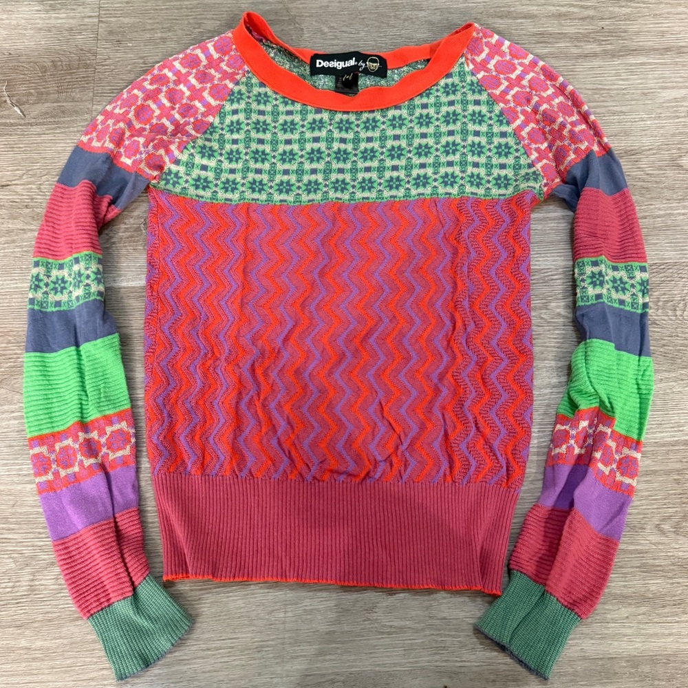Desigual Colorful Thin Knit Patterned Crewneck Sweater